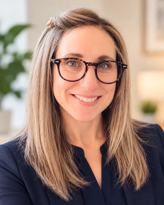 Jana Hale, smiling, in tortoiseshell glasses and a navy top